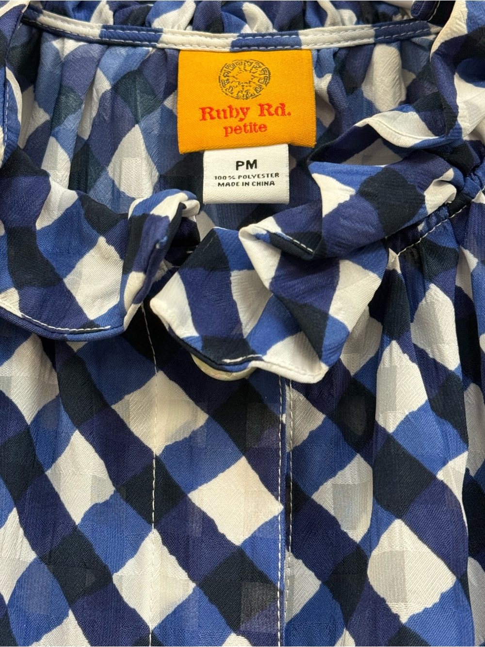Ruby Rd. Navy and White Gingham Ruffle-Collar Button-Front Blouse - Picture 5 of 9